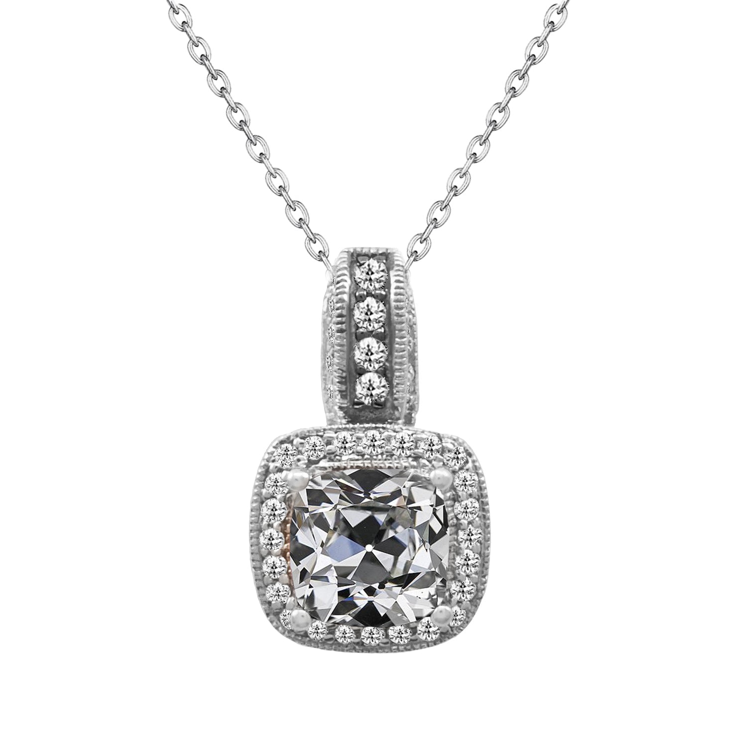 Halo Diamond Necklace 4 Ct Cushion Old Miner 14K White Gold