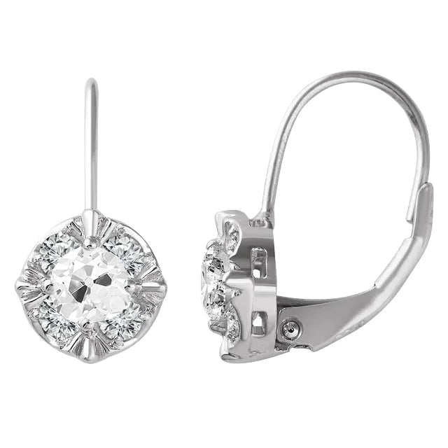Halo Diamond Old Cut Leverback Earring Single Setting 2.50 Carats