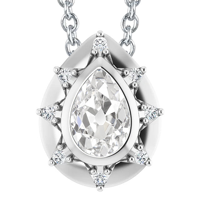 Halo Diamond Pendant Bezel Set Pear Old Miner White Gold