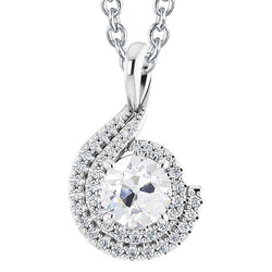 Halo Natural Earth Mined Diamond Pendant Old Cut 4.50 Carats Curved Style White Gold 14K