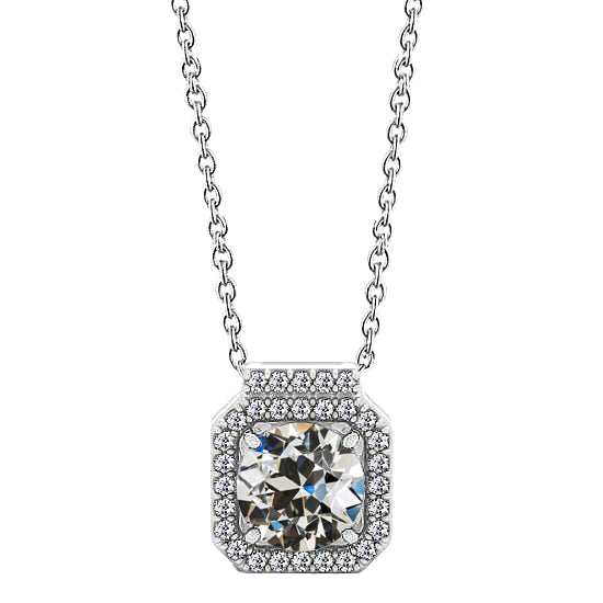 Halo Diamond Pendant 2 Carats Old Miner Cushion Cut 