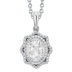 Halo Genuine Natural Earth Mined Diamond Pendant Oval Old Miner Bezel Set 4.50 Carats White Gold