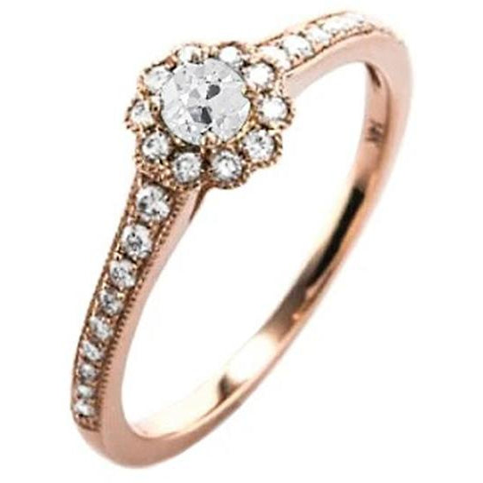 Halo Natural Earth Mined Diamond Ring Old Cut Flower Style Rose Gold Milgrain 2.75 Carats