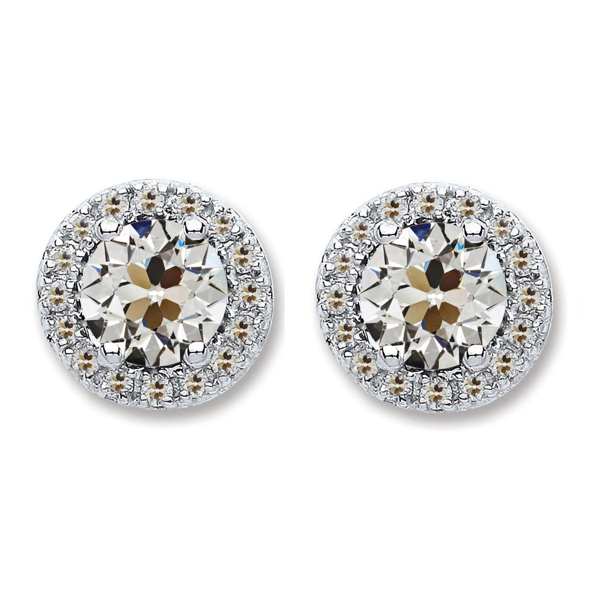 Halo Genuine Natural Real Diamond ( Not Lab Grown ) Round Old Mine Cut Stud Earrings 5 Carats 14K White Gold