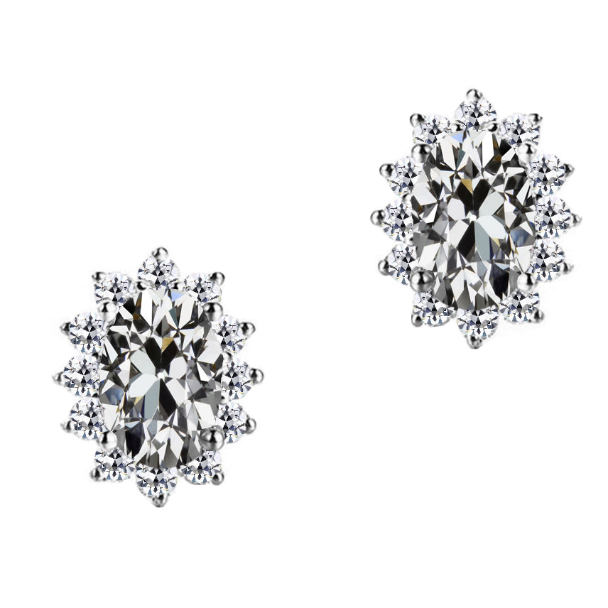 Halo Diamond Stud Earrings Oval Old Miner Star Style 7 Ct