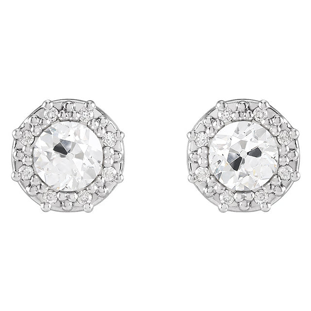 Halo Diamond Stud Earrings Round Old European