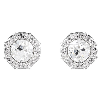 Halo Diamond Stud Earrings Round Old European