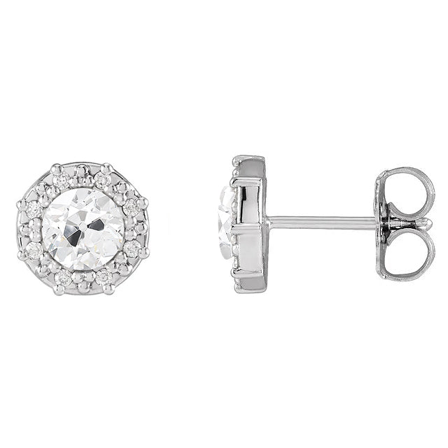Halo Diamond Stud Earrings Round Old European