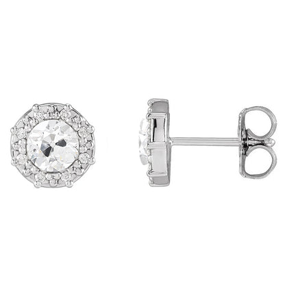 Halo Diamond Stud Earrings Round Old European