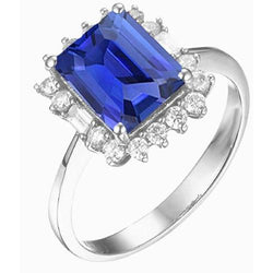 Halo Emerald Blue Sapphire Ring Round & Baguette Diamonds 3.50 Carats