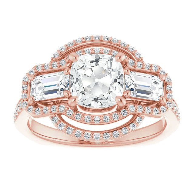 Halo Emerald & Cushion Old Cut Diamond Ring