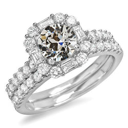 Halo Engagement Ring Set Baguette & Round Old Cut Diamond 6.50 Carats