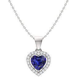 Halo Heart Blue Sapphire & Round Natural Earth Mined Diamond Pendant 2 Carats 14K Gold