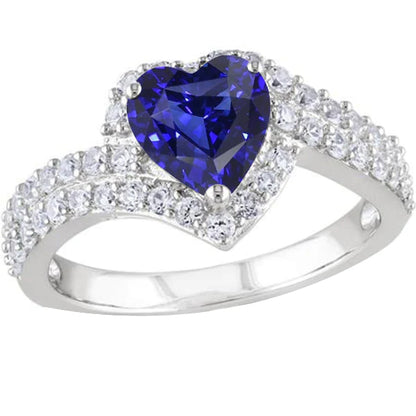 Halo Heart Natural Blue Sapphire Ring Woman's  Weeding Anniversary     Diamonds