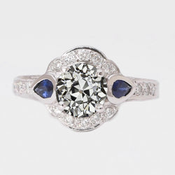 Halo Lady’s Ring Round Old Cut Natural Earth Mined Diamond & Pear Blue Sapphires 3 Carats