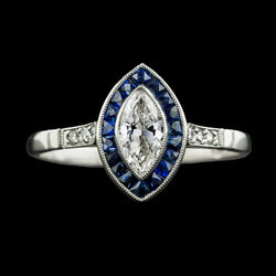 Halo Marquise Old Cut Natural Earth Mined Diamond & Trapezoid Sapphire Ring 3.50 Carats