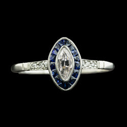 Halo Marquise Old Cut Natural Earth Mined Diamond & Trapezoid Sapphires Ring 3 Carats