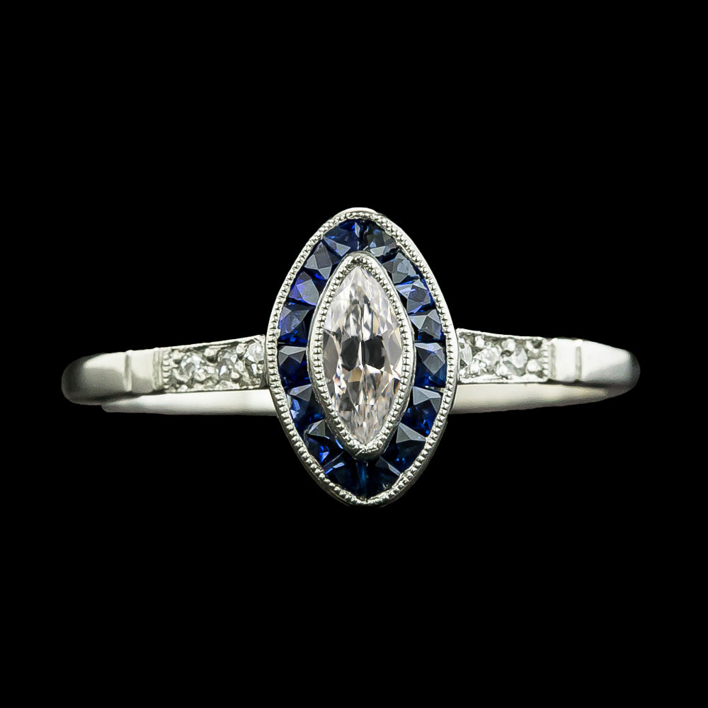 Halo Old Miner Cut Diamond Sapphires Ring