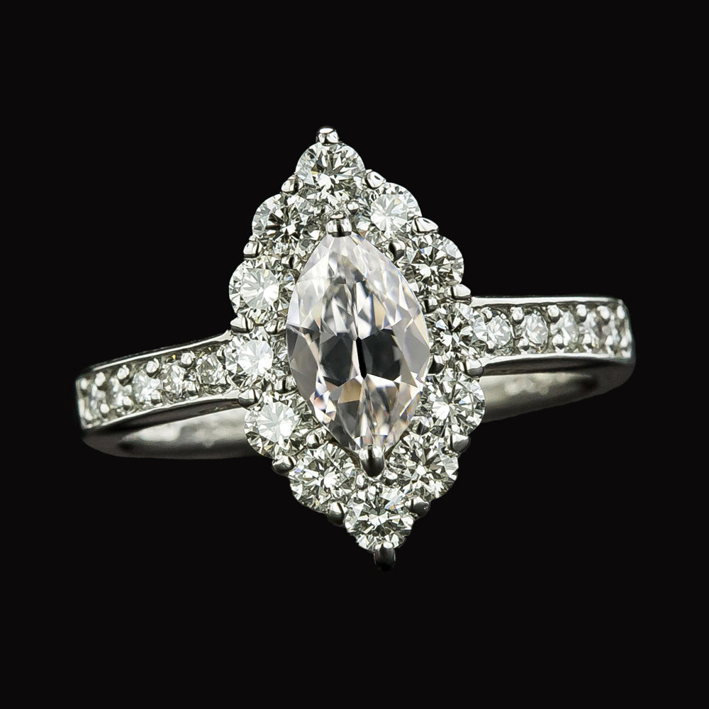 Halo Marquise Old Mine Cut Diamond Ring