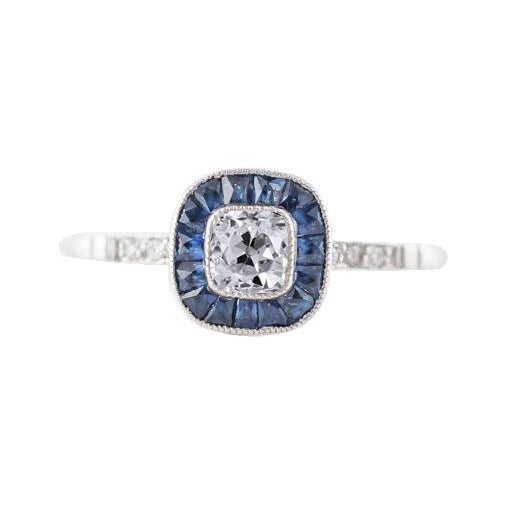 Halo Old Miner Cushion Diamond & Trapezoid Sapphire Ring 