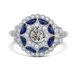Halo Old Cut Natural Earth Mined Diamond Ring Half Moon Sapphire Flower Style 3 Carats