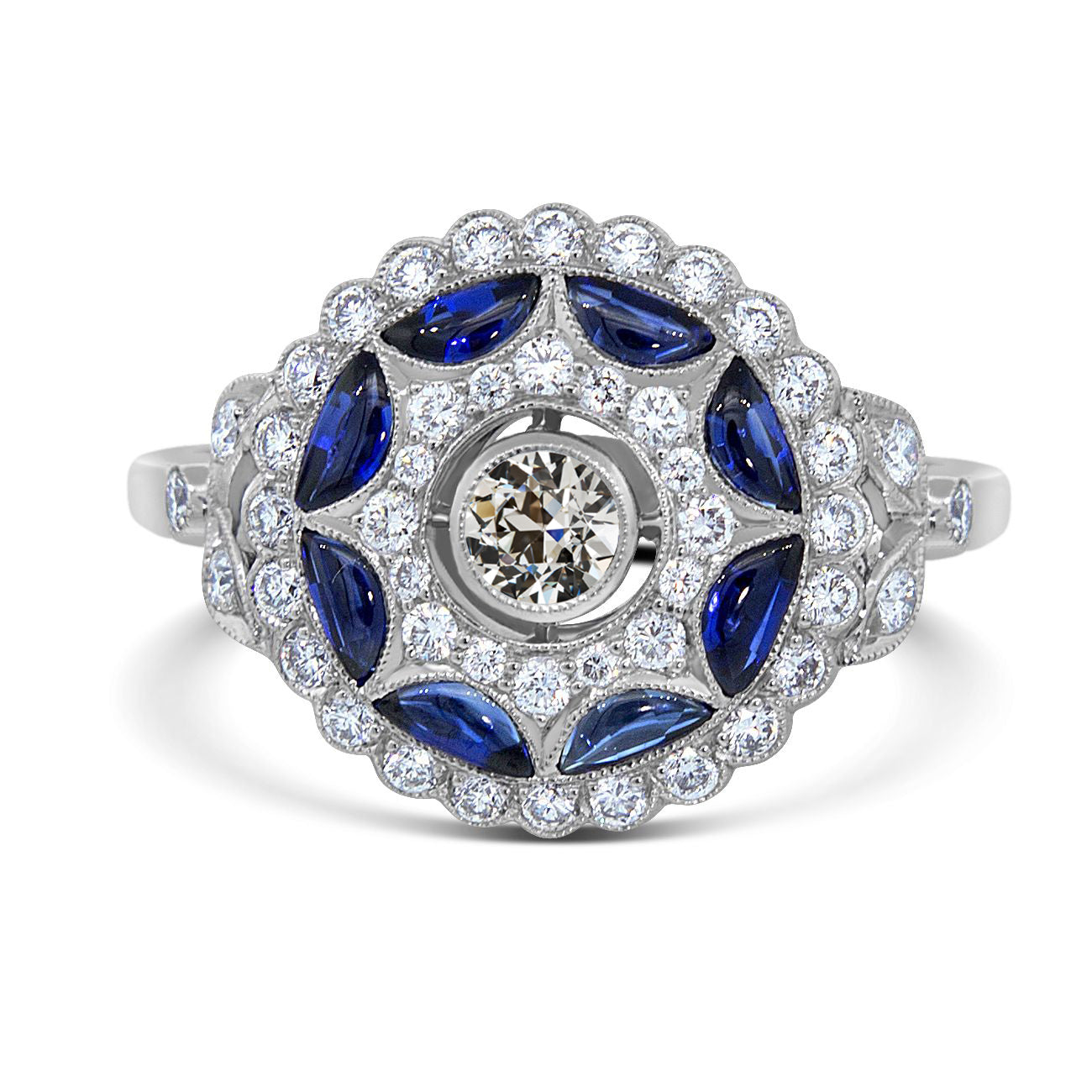 Halo Old Cut Diamond Ring Half Moon Sapphire