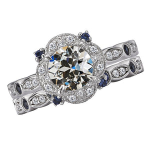 Halo Old Miner Cut Diamond & Blue Sapphire Wedding Ring Set