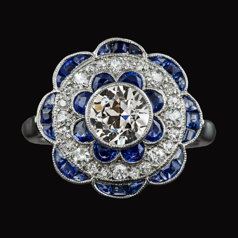 Halo Old Cut Diamond & Blue Sapphires Ring