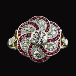 Halo Old Cut Diamond & Trapezoid Rubies Ring Flower Style 4 Carats