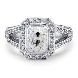 Halo Old Cut Radiant Natural Earth Mined Diamond Ring Bezel Set 2.50 Carats Split Shank