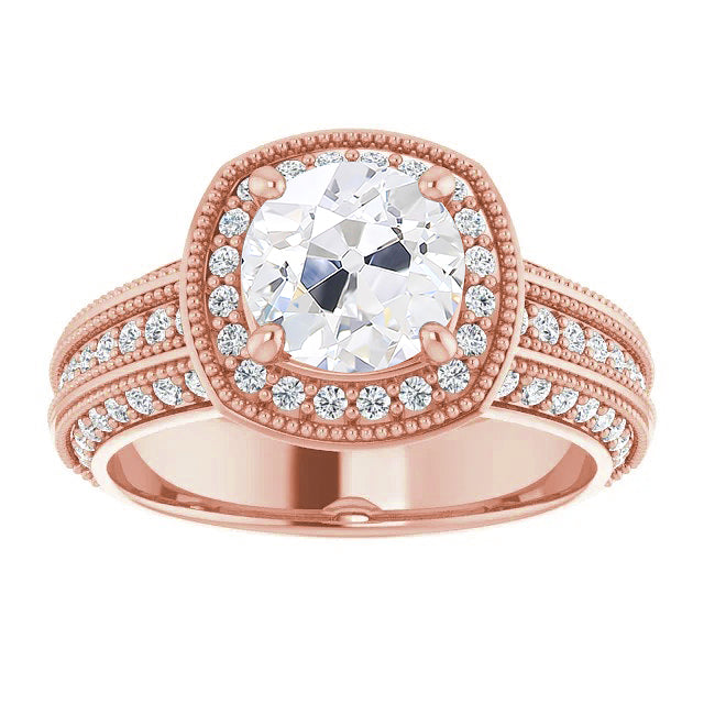 Halo Old Miner Round Diamond Ring Rose Gold
