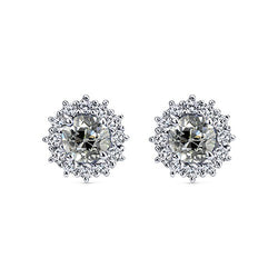 Halo Old European Natural Earth Mined Diamond Studs Flower Style Gold Earrings 4 Carats