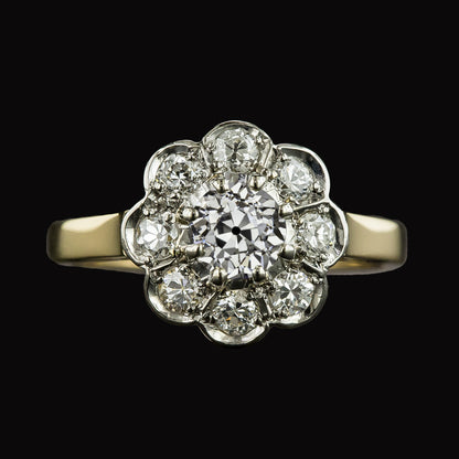 Halo Old Mine Cut Diamond Ring Two Tone Flower Style Jewelry