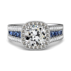 Halo Old Mine Cut Natural Earth Mined Diamond & Blue Sapphires Ring Prong Set 6.50 Carats