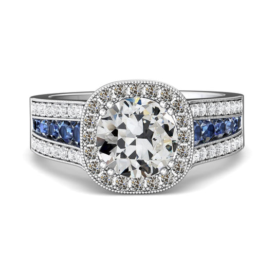 Halo Old Mine Cut Diamond & Blue Sapphires Ring