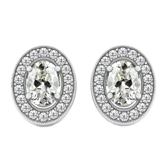 Halo Old Mine Cut Oval Diamond Stud Earrings Gold 5 Carats 