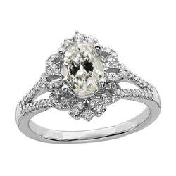 Halo Oval Old Cut Natural Earth Mined Diamond Ring Flower Style Split Shank 4.50 Carats