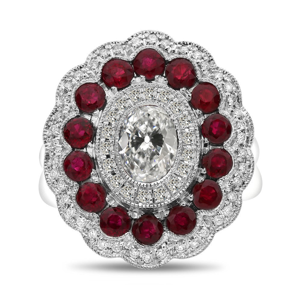 Halo Old Miner Cut Diamond & Ruby Wedding Ring