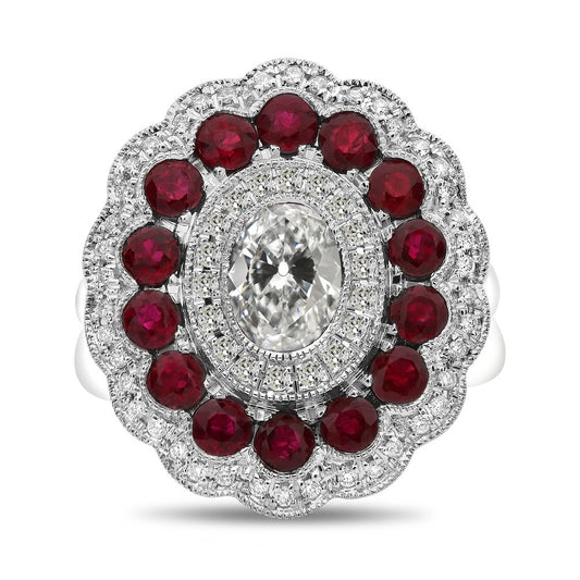 Halo Old Miner Cut Diamond & Ruby Wedding Ring