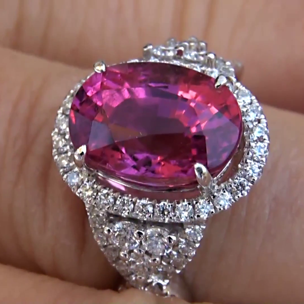 13.25 Ct Pink Tourmaline And Diamonds Wedding Ring Gold White 14K