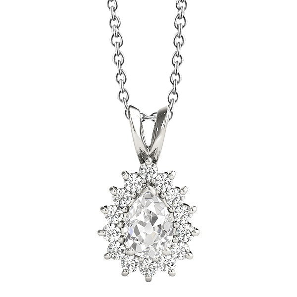 Halo Pear Old Cut Diamond Pendant 2.50 Carats white Gold 14K