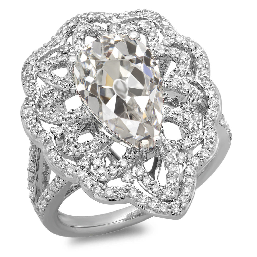 Halo Pear Old Miner Diamond Ring Flower Style