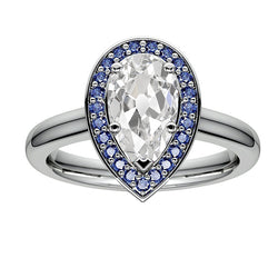 Halo Pear Old Miner Natural Earth Mined Diamond Ring & Round Blue Sapphires 5 Carats