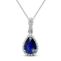 Halo Pear Sapphire & Round Natural Earth Mined Diamond Pendant Teardrop Style 3.50 Carats