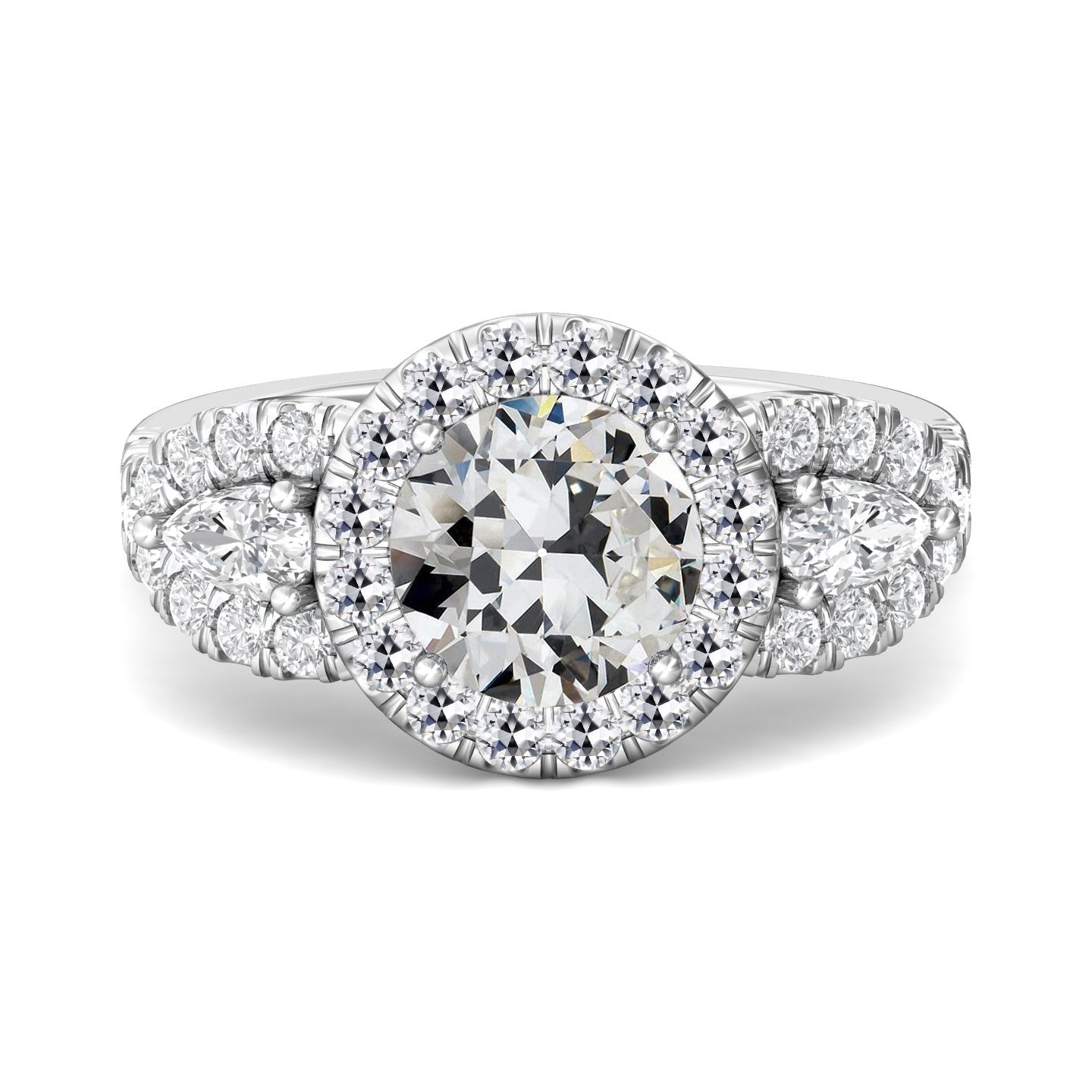Halo Pear & Round Old Cut Diamond Wedding Ring