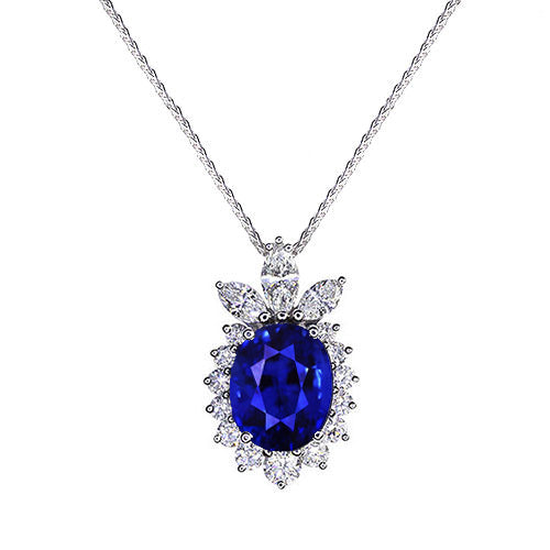 Pendant Oval Ceylon Sapphire Round & Marquise Diamond