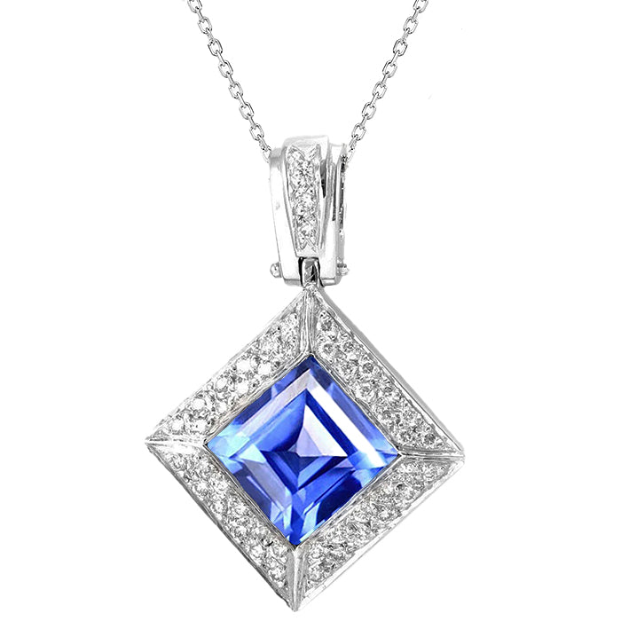 Halo Blue Sapphire Pendant Diamond Necklace