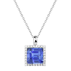 Halo Princess Light Blue Sapphire & Round Diamond Pendant 1.75 Carats