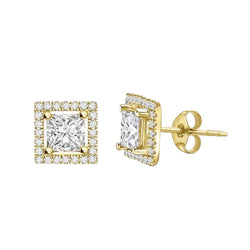 Halo Princess & Round Diamond Stud Earrings 3.40 Ct. Yellow Gold 14K