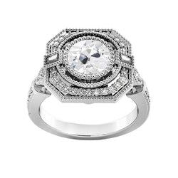 Halo Ring Baguette & Round Old Mine Cut Real Natural Earth Mined Diamonds 3.75 Carats Milgrain
